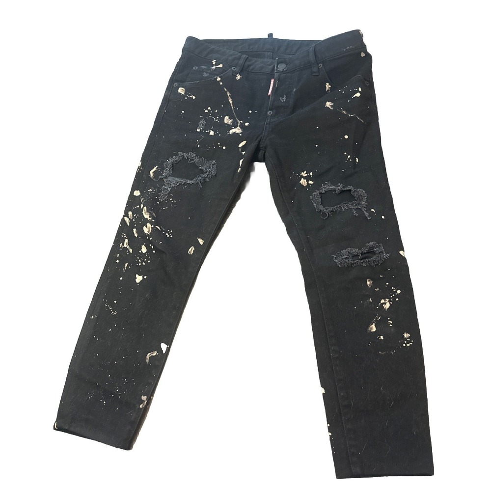 Dsquared2 Black Super Skinny Jean Distressed Paint Splatter Size 40 Italy Women